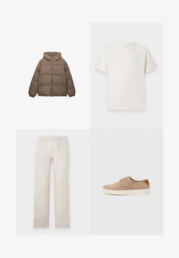 Zelena podložena jakna v taupe barvi z sprednjim zadrgo, pritrjeno kapuco, elastičnimi manšeti in dvema stranskima žepoma z zadrgo, prikazana na beli podlagi.; Bela majica s kratkimi rokavi iz rebraste tkanine. Okrogli izrez, sproščen kroj, brez vidnih vzorcev ali naglasov. Preprosta in vsestranska zasnova.; Svetlo bež lanene hlače s ravno nogavico, elastičnim pasom in gumbom za zapiranje. Minimalna tekstura z diskretnimi šivi.; Bež tkanine usnjene superge z zaobljenim nosom, vezalkami na sprednji strani in teksturiranim zadnjim detajlom. Belo gumijasto podplato zagotavlja kontrast. Enostaven in sodoben dizajn.
