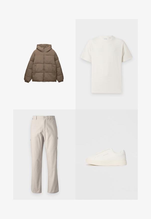Taupe-farbene, gepolsterte Jacke mit Frontreißverschluss, abnehmbarer Kapuze, elastischen Bündchen und zwei seitlichen Reißverschlusstaschen, auf weißem Hintergrund präsentiert.; Weißes T-Shirt mit kurzen Ärmeln in gerippter Textur. Runder Ausschnitt, lockere Passform, keine sichtbaren Muster oder Akzente. Einfaches und vielseitiges Design.; Beige Cargo-Hosen aus robuster Baumwolle mit geraden Beinen, vorderem Knopfverschluss und Seitentaschen für praktische Nutzung. Glatte Textur mit feinen Nähten.; Weiße Slip-On-Sneaker mit einer strukturierten Oberfläche, dicker Sohle und minimalistischem Design. Mit Logo der Marke an der Seite.