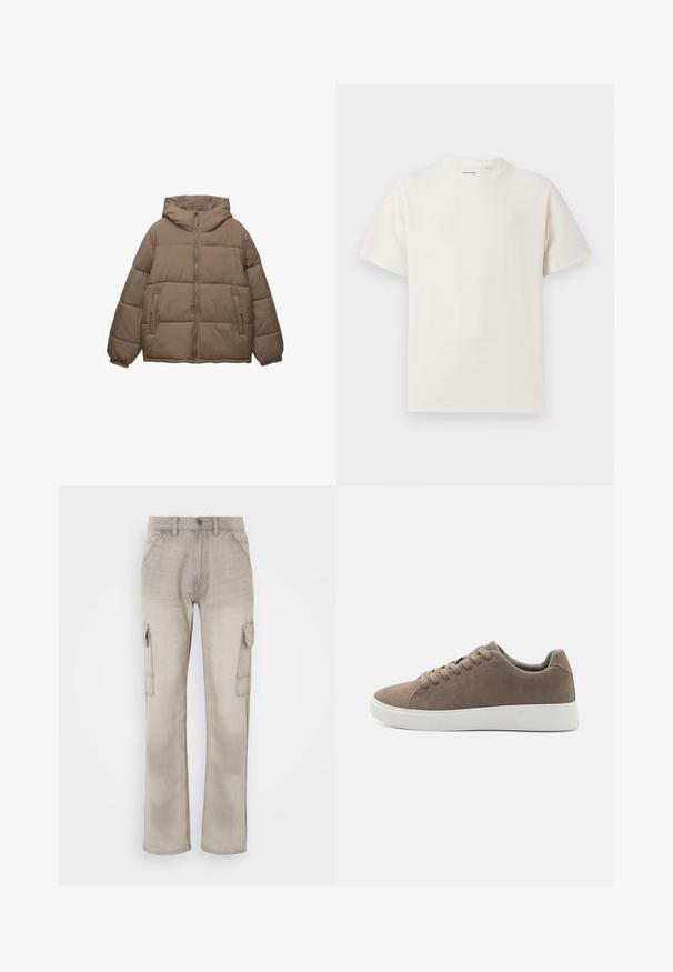 Taupe-farvet polstret jakke med frontlynlås, fast hætte, elastiske manchetter og to lynlåslommer, vist på hvid baggrund.; Hvid kortærmet T-shirt i ribbet tekstur. Rund halsudskæring, løs pasform, ingen synlige mønstre eller accenter. Enkel og alsidig design.; Beige cargo bukser lavet af denim, med to sidelommer, et lige ben-design og synlige sømme. Tekstureret overflade med et falmet udseende.; Brune ruskinds sneakers med flade hvide gummisåler, snørelukning, rund tå og en glat overflade. Minimalistisk stil med diskrete syninger.