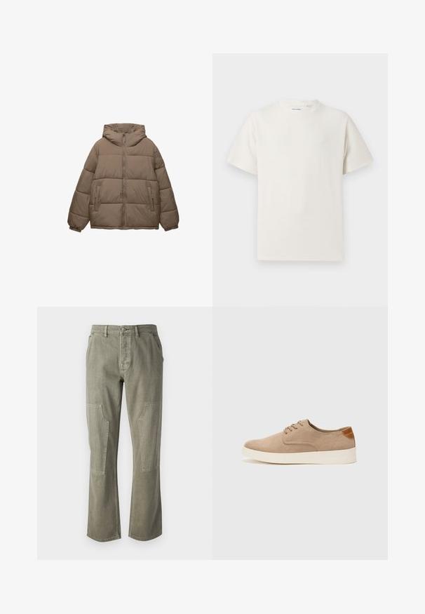 Padded bunda v taupe farbe s predným zipsom, pripevnenou kapucňou, elastickými manžetami a dvoma bočnými vreckami na zips, vystavená na bielom pozadí.; Biela krátka tričko s krátkym rukávom so žebrovanou textúrou. Okrúhly výstrih, uvoľnený strih, žiadne viditeľné vzory ani akcenty. Jednoduchý a všestranný dizajn.; Olivovo zelené nohavice vyrobené z bavlny s rovnými nohavicami, zdobené jemným rebrovaním na vreckách a kontrastným šitím.; Béžové semišové tenisky s okrúhlou špičkou, šnurovaním vpredu a textúrovaným zadným akcentom. Biela gumová podrážka poskytuje kontrast. Jednoduchý a moderný dizajn.