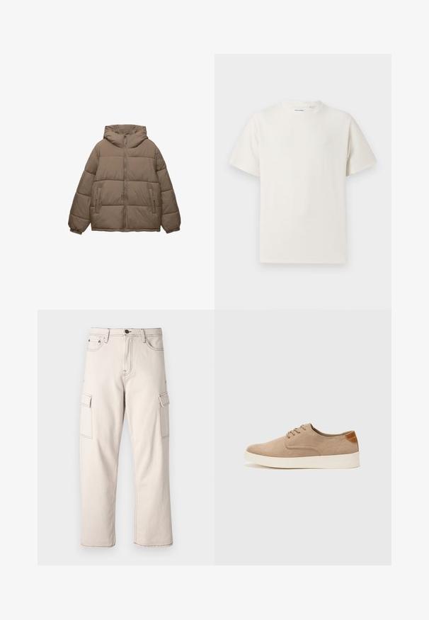 Giacca imbottita color taupe con zip frontale, cappuccio attaccato, polsini elasticizzati e due tasche laterali con zip, esposta su sfondo bianco.; T-shirt bianca a maniche corte in texture a coste. Girocollo, vestibilità rilassata, senza modelli o accenti visibili. Design semplice e versatile.; Pantaloni cargo beige in cotone, con due tasche laterali, design a gamba dritta e dettagli di cucitura a contrasto.; Sneaker in suede beige con punta arrotondata, stringhe davanti e un accento testurizzato sul retro. La suola in gomma bianca offre un contrasto. Design semplice e moderno.