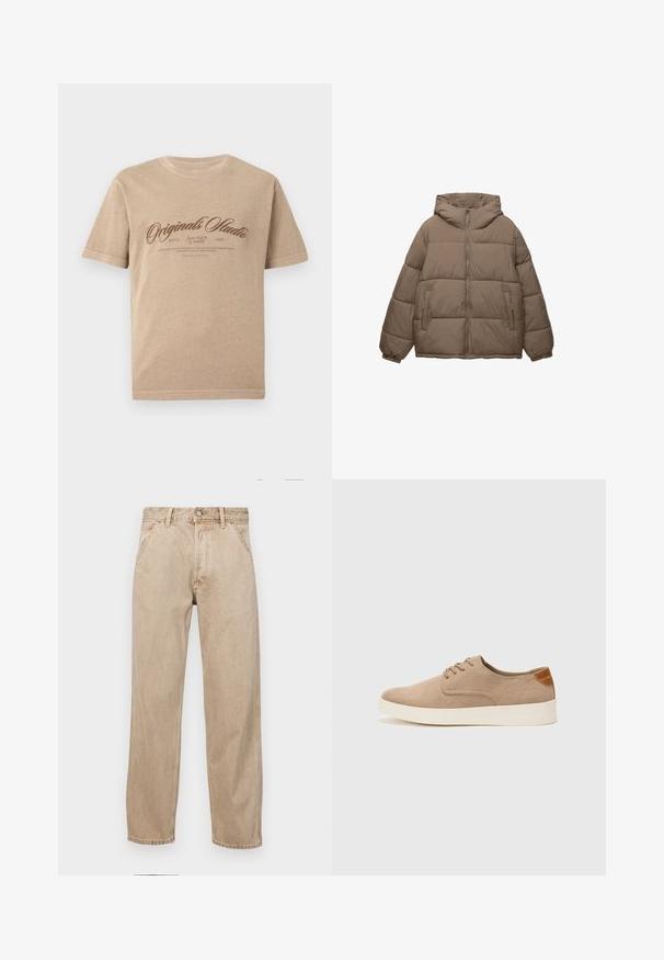 Jachetă căptușită de culoare taupe, cu fermoar frontal, glugă atașată, manșete elastice și două buzunare laterale cu fermoar, expusă pe fundal alb.; Tricou din bumbac bej cu mâneci scurte, având un imprimeu brun de stil vintage care citește "Originals Studio" și text suplimentar dedesubt.; Jeans din denim bej cu un design drept, care prezintă buzunare frontale, închidere cu buton metalic și o textură subtilă.; Tenisi din suede bej cu vârf rotund, sistem de șireturi în față și un accent texturat în spate. Talpa albă din cauciuc oferă un contrast. Design simplu și modern.