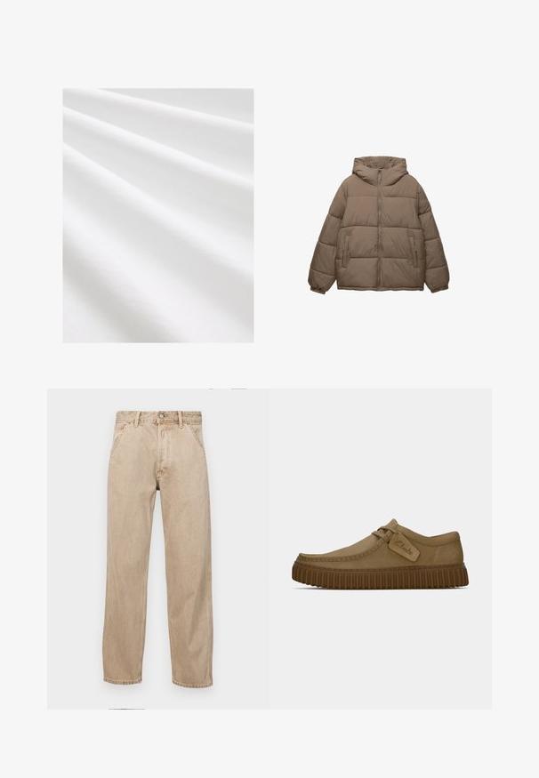 Taupe-farvet polstret jakke med frontlynlås, fast hætte, elastiske manchetter og to lynlåslommer, vist på hvid baggrund.; Bomuldsstof, hvid farve, glat tekstur med subtile folder og krøller. Jævn overflade, let reflekterende, uden mønstre eller accenter.; Beige denimjeans med lige bendesign, med forlommer, metalknaplukning og subtil struktur.; Lysebrune ruskindsko med rund tå, syet detaljer og en ribbet brun gummisål. Har et sidemærke med "Clarks" logo.