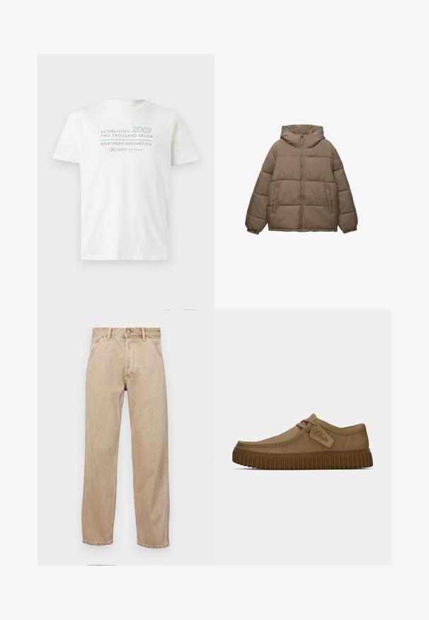 Taupe-farvet polstret jakke med frontlynlås, fast hætte, elastiske manchetter og to lynlåslommer, vist på hvid baggrund.; Hvid bomulds t-shirt med teksten "Etableret 2007" og "Northern Aesthetics" i lyseblå, med rund halsudskæring og korte ærmer.; Beige denimjeans med lige bendesign, med forlommer, metalknaplukning og subtil struktur.; Lysebrune ruskindsko med rund tå, syet detaljer og en ribbet brun gummisål. Har et sidemærke med "Clarks" logo.