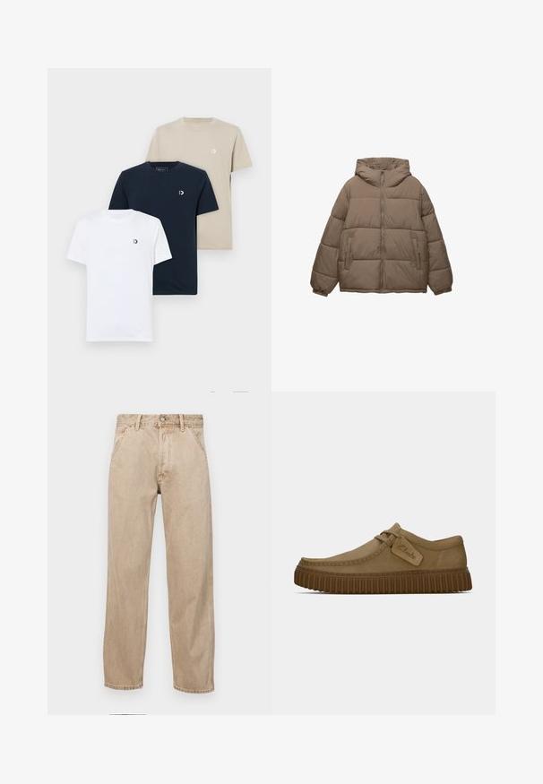 Tauffärgad vadderad jacka med framdragkedja, fast huva, elastiska ärmslut och två zippered sidofickor, visad på vit bakgrund.; Tre t-shirts: vit, marinblå och beige. Var och en har rund hals, kort ärm och en liten logo på övre vänstra bröstet. Tillverkad av bomull.; Beige denimjeans med rak passform, som har framfickor, metallknappstängning och subtil textur.; Ljust bruna mockaskor med rund tå, sydda detaljer och en ribbad brun gummisula. Har en sidetikett med "Clarks"-logotyp.
