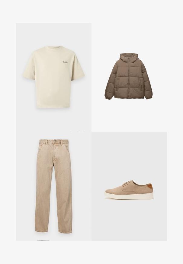 Tauffärgad vadderad jacka med framdragkedja, fast huva, elastiska ärmslut och två zippered sidofickor, visad på vit bakgrund.; Beige bomull t-shirt med korta ärmar, rundad halsringning, och en liten "SELECTED"-logotyp på vänster bröst. Slät textur.; Beige denimjeans med rak passform, som har framfickor, metallknappstängning och subtil textur.; Beige mockasinsneakers med rund tå, snörning fram och texturerad bakaxel. Vit gummisula ger kontrast. Enkelt och modernt design.