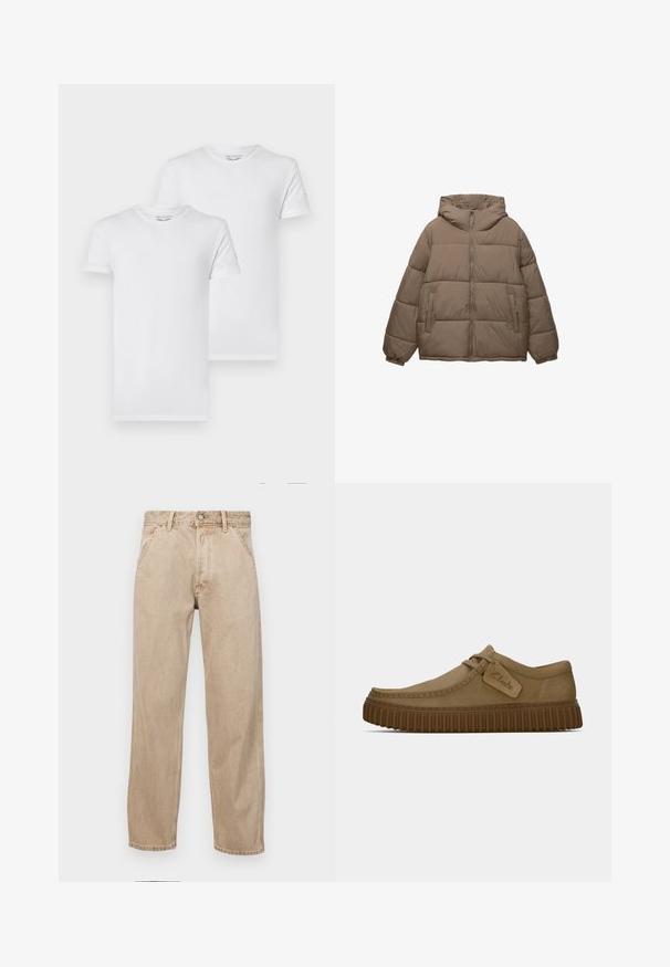 Taupe-kleurige gewatteerde jas met voorrits, vaste capuchon, elastische manchetten en twee ritszakken aan de zijkant, weergegeven op een witte achtergrond.; Twee witte katoenen t-shirts met een ronde hals en korte mouwen. Elk shirt heeft een eenvoudig ontwerp zonder patronen of accenten.; Beige denim jeans met een recht gesneden ontwerp, voorzien van voorzakken, een metalen knoopsluiting en een subtiele textuur.; Lichtbruine suède schoenen met een ronde neus, gestikte details en een geribbeld bruine rubberen zool. Bevat een zijlabel met het "Clarks" logo.
