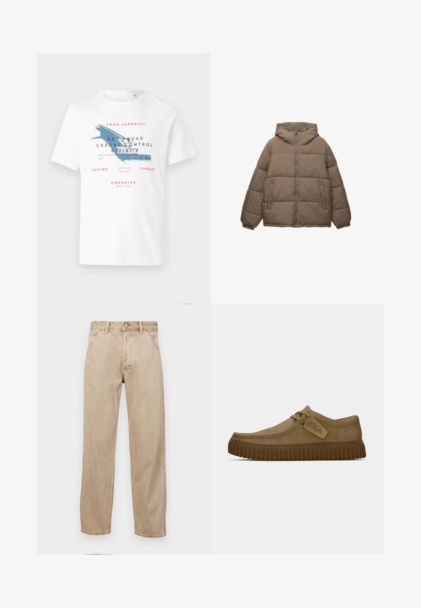 Zelena podložena jakna v taupe barvi z sprednjim zadrgo, pritrjeno kapuco, elastičnimi manšeti in dvema stranskima žepoma z zadrgo, prikazana na beli podlagi.; Bela bomba iz bombaža s tiskom modrega letala in rdečim napisom. Oblikovanje vključuje podrobnosti, povezane z letalstvom, in različne velikosti potiska.; Beige jeans iz džinsa s ravnim nogavicama, ki imajo sprednje žepe, kovinsko zapiranje in subtilno teksturo.; Svetlo rjave antilop čevlje z ovalnim nosom, šivi in ribasto rjavo gumijasto podplat. Ima stransko oznako z logotipom "Clarks".