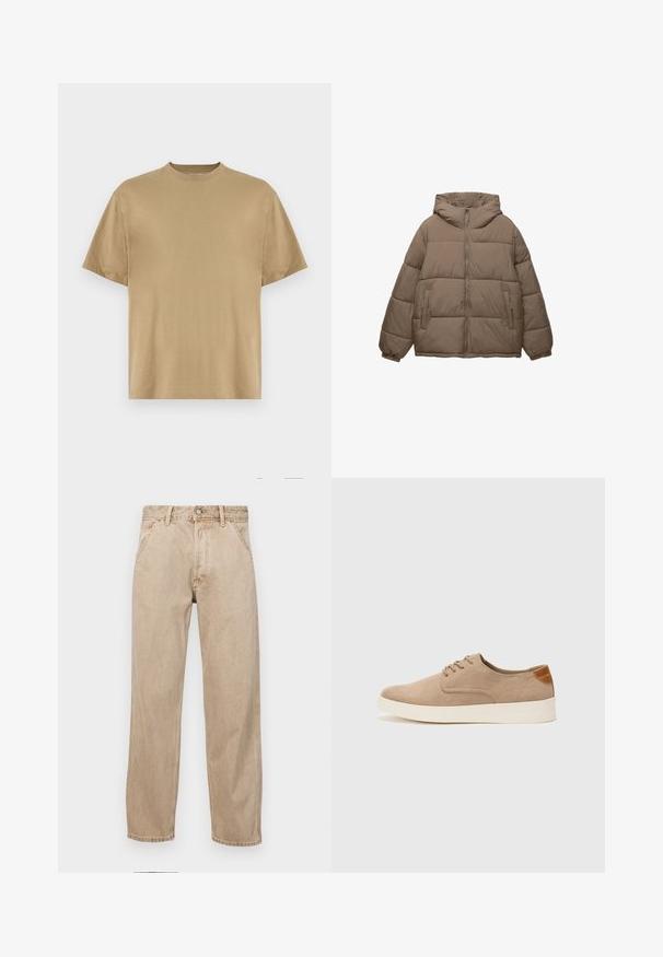 Padded jakna boje taupe s prednjim zatvaračem, pričvršćenim kapuljačom, elastičnim manžetama i dva bočna džepa na zatvarač, prikazana na bijeloj pozadini.; Khaki majica s kratkim rukavima izrađena od mekog materijala, s okruglim izrezom i ležernim krojem. Nema vidljivih uzoraka ni grafika.; Bež teksas traperice ravnog kroja, s prednjim džepovima, metalnim zakopčavanjem i suptilnom teksturom.; Bež nubuk tenisice s okruglim vrhom, vezanjem sprijeda i teksturiranim stražnjim naglaskom. Bijela gumena potpetica pruža kontrast. Jednostavan i moderan dizajn.