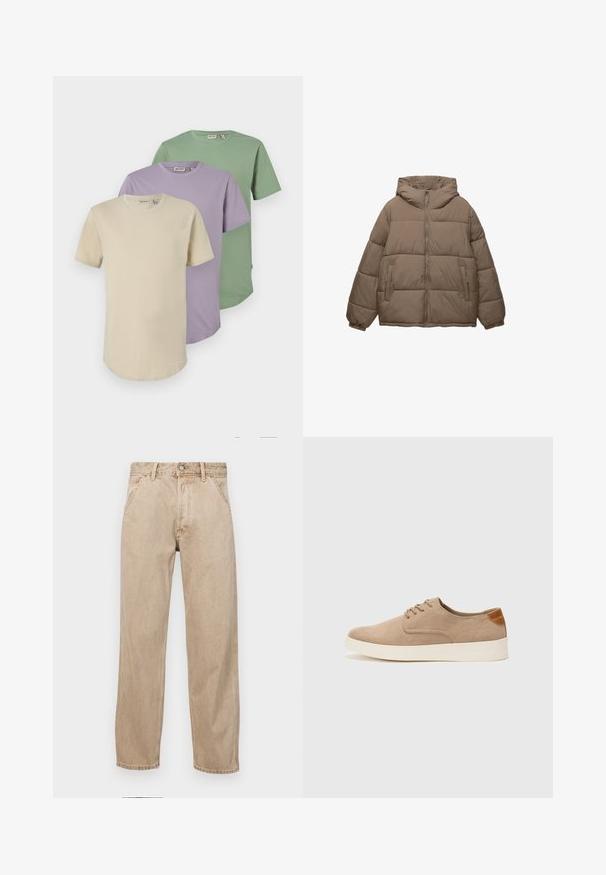 Giacca imbottita color taupe con zip frontale, cappuccio attaccato, polsini elasticizzati e due tasche laterali con zip, esposta su sfondo bianco.; Tre T-shirt a maniche corte nei colori crema, lavanda e verde. Realizzate in morbido cotone, con scollature rotonde e vestibilità comoda.; Jeans in denim beige con un design a gamba dritta, dotati di tasche frontali, chiusura con bottone metallico e una texture delicata.; Sneaker in suede beige con punta arrotondata, stringhe davanti e un accento testurizzato sul retro. La suola in gomma bianca offre un contrasto. Design semplice e moderno.