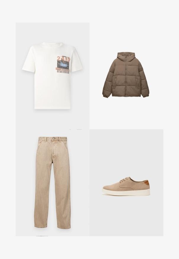 Zelena podložena jakna v taupe barvi z sprednjim zadrgo, pritrjeno kapuco, elastičnimi manšeti in dvema stranskima žepoma z zadrgo, prikazana na beli podlagi.; TOM TAILOR DENIM Potiskana majica - gardenia white; Beige jeans iz džinsa s ravnim nogavicama, ki imajo sprednje žepe, kovinsko zapiranje in subtilno teksturo.; Bež tkanine usnjene superge z zaobljenim nosom, vezalkami na sprednji strani in teksturiranim zadnjim detajlom. Belo gumijasto podplato zagotavlja kontrast. Enostaven in sodoben dizajn.
