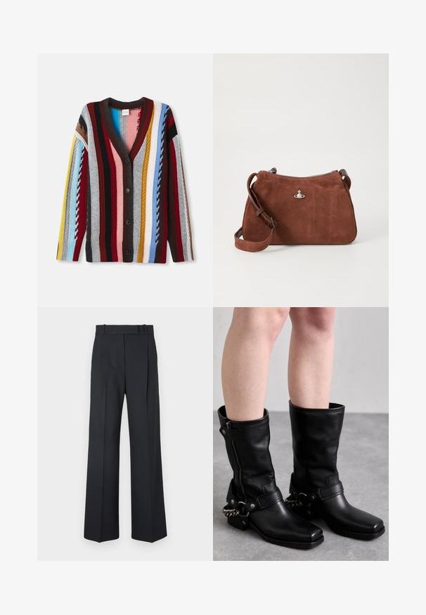 Beiger Wollmantel mit Kerbkragen, Ein-Knopf-Verschluss und zwei schräg angesetzten Pattentaschen. Weiche Textur, gerade Silhouette.; Strickjacke mit V-Ausschnitt, mehrfarbigen Streifen in Rot, Blau, Gelb und Grau, mit fünf Knöpfen und gerippten Bündchen.; Weiße Satinbluse mit hohem Kragen, einem Frontschlitz, langen Ärmeln und geknöpften Manschetten. Glatte Textur und minimalistisches Design.; Dunkelblaue Nadelstreifenhosen mit hoher Taille, weit geschnittenem Bein und ohne sichtbare Beschläge oder Verzierungen. Glatte Textur und taillierte Passform.; Schwarze Lederstiefel bis zum Knie mit eckiger Zehenpartie, seitlichem Reißverschluss und verstellbarem Riemen mit einer Metallkette. Mattes Finish und robuste Sohle.; Braune Wildlederhandtasche mit Reißverschluss, verstellbarem Schultergurt und silbernen Hardware-Details, die eine dezente strukturierte Oberfläche aufweist.