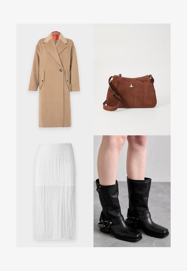 Smėlio spalvos vilnonis paltas su išpjauta apykakle, vienvietė sagų užsegimas ir dvi įstrižos lopinės kišenės. Švelni tekstūra, tiesi siluetas.; Balta satino palaidinė su aukštu apykakliu, priekyje skeltuku, ilgomis rankovėmis ir užsegamais rankogaliais. Lygus tekstūra ir minimalistinis dizainas.; Balta iki kelių ilgio sijonas, pagamintas iš tekstūruotos medžiagos su vertikaliomis klostėmis, turintis lygų juosmenį ir tiesią siluetą.; Juodos odinės iki kelių siekiančios bootai su kvadratiniu pirštu, šoniniu užtrauktuku ir reguliuojama juosta, kuri turi metalinę grandinėlę. Matinis paviršius ir tvirta padas.; Rudas zomšos rankinukas su užtrauktuku, reguliuojama petneša ir sidabro spalvos akcentais, pasižymintis subtilia tekstūru.