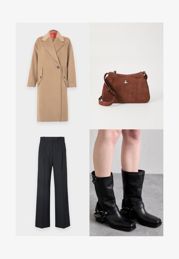 Beiger Wollmantel mit Kerbkragen, Ein-Knopf-Verschluss und zwei schräg angesetzten Pattentaschen. Weiche Textur, gerade Silhouette.; Weiße Satinbluse mit hohem Kragen, einem Frontschlitz, langen Ärmeln und geknöpften Manschetten. Glatte Textur und minimalistisches Design.; Dunkelblaue Nadelstreifenhosen mit hoher Taille, weit geschnittenem Bein und ohne sichtbare Beschläge oder Verzierungen. Glatte Textur und taillierte Passform.; Schwarze Lederstiefel bis zum Knie mit eckiger Zehenpartie, seitlichem Reißverschluss und verstellbarem Riemen mit einer Metallkette. Mattes Finish und robuste Sohle.; Braune Wildlederhandtasche mit Reißverschluss, verstellbarem Schultergurt und silbernen Hardware-Details, die eine dezente strukturierte Oberfläche aufweist.