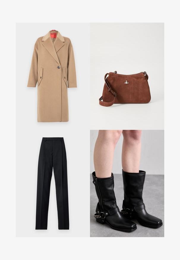Beige wollen overcoat met een nietched kraag, enkele knoopsluiting en twee schuine opgestikte zakken. Zachte textuur, rechte silhouet.; Witte satijnen blouse met een hoge kraag, een voorste split, lange mouwen en manchetten met knopen. Gladde textuur en minimalistisch ontwerp.; Zwarte broek gemaakt van gladde stof met een hoge taille, wijde benen, voorplooien en klassieke ceintuurlussen. Geen zijzakken zichtbaar.; Zwarte leren laarzen tot de knie met een vierkante neus, zijrits en verstelbare band met een metalen kettingaccent. Matte afwerking en stevige zool.; Bruine suède handtas met een ritssluiting, verstelbare schouderriem en zilverkleurige hardwareaccenten, met een subtiele textuur.