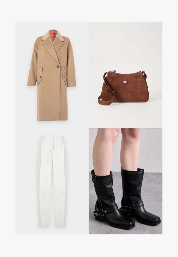 Beežvillane mantel sisselõigatud krae, ühe nupuga kinnituse ja kahe nurga all asuva taskuga. Pehme tekstuur, sirge siluett.; Valge satiinist pluus kõrge krae, ees lõhiku, pikad varrukad ja nööpidega mansetid. Sile tekstuur ja minimalistlik disain.; Paul Smith Püksid - white; Mustad mustad kõrge teksad mustast nahast ruudukujulise varbaga, külgrihmaga ja reguleeritava rihmaga, millel on metallketi aksent. Mati viimistlus ja tugev tald.; Pruun seemisnahast käekott, millel on tõmblukk, reguleeritav õlarihm ja hõbedased metalldetailid, millel on peene tekstuuriga pind.