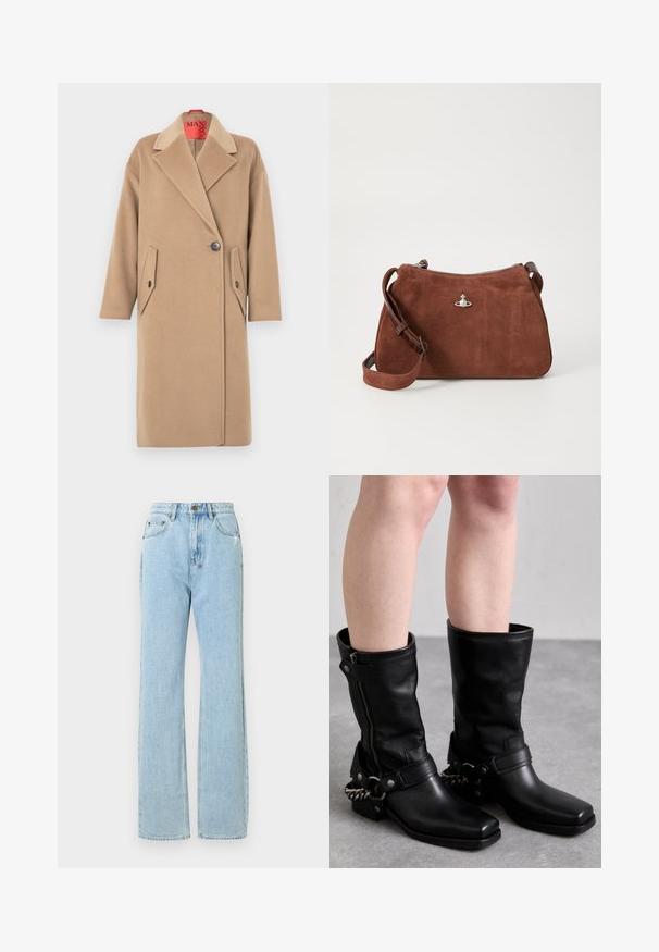 Beige wool overcoat with a notched collar, single button closure, and two angled patch pockets. Soft texture, straight silhouette.; White satin blouse with a high collar, a front slit, long sleeves, and buttoned cuffs. Smooth texture and minimalist design.; Light blue denim jeans with a straight-leg design, featuring a zipper fly, five pockets, and subtle whiskering details.; Black leather knee-high boots with a square toe, side zipper, and adjustable strap featuring a metal chain accent. Matte finish and sturdy sole.; Brown suede handbag with a zip closure, adjustable shoulder strap, and silver hardware accent, featuring a subtle textured surface.