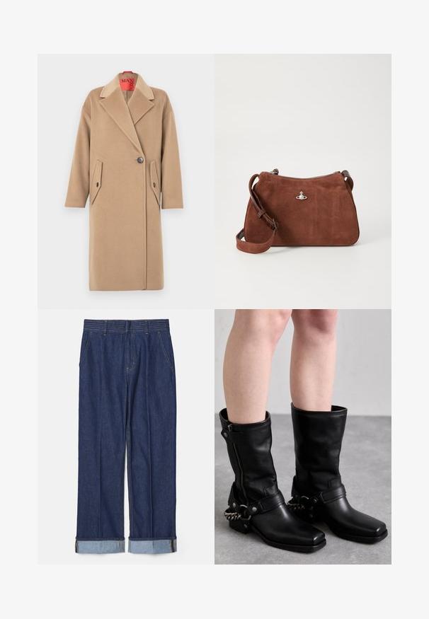 Bež volneni plašč s kontrastnim ovratnikom, enojnim gumbom za zapiranje in dvema poševnima všitima žepoma. Mehka tekstura, ravna silhueta.; Bela satenasta bluza z visokim ovratnikom, sprednjo režo, dolgimi rokavi in zapenjanjem na gumbe na manšetah. Gladek tekstura in minimalističen dizajn.; Temno modri jeans hlače ravnega kroja, z petimi žepi in zavihanimi manšetami s svetlo modrim kontrastnim šivanjem.; Črne usnjene škornje do kolen s kvadratnim prstom, stranskim zadrgo in nastavljivim trakom, ki vsebuje kovinsko verigo kot dekoracijo. Mat zaključek in trden podplat.; Rjava semiš torba z zadrgo, nastavljivim naramnicam in srebrnimi dodatki, ki ima subtilno teksturirano površino.