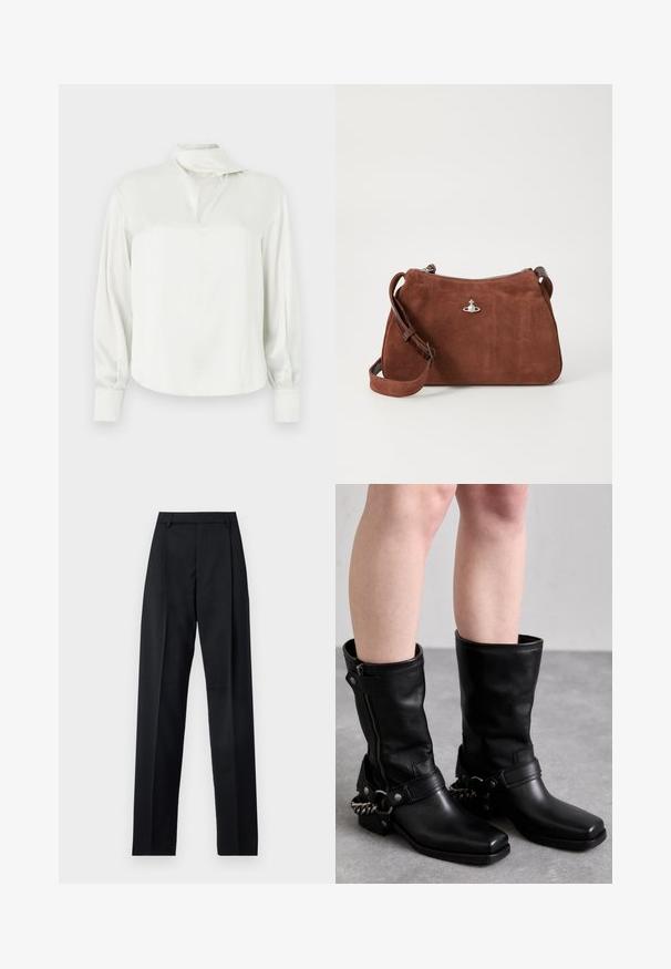Manteau en laine beige avec un col cranté, une fermeture à bouton unique et deux poches plaquées inclinées. Texture douce, silhouette droite.; Blouse en satin blanc avec un col montant, une fente à l'avant, des manches longues et des poignets boutonnés. Texture lisse et design minimaliste.; Pantalon noir en tissu lisse avec taille haute, jambes larges, plis à l'avant et passants de ceinture classiques. Pas de poches latérales visibles.; Bottes noires en cuir, montant jusqu'au genou, avec un bout carré, fermeture éclair sur le côté et sangle ajustable avec un accent en chaîne métallique. Fini mat et semelle robuste.; Sac à main en daim marron avec fermeture éclair, bandoulière réglable et accents en métal argenté, affichant une surface texturée subtile.