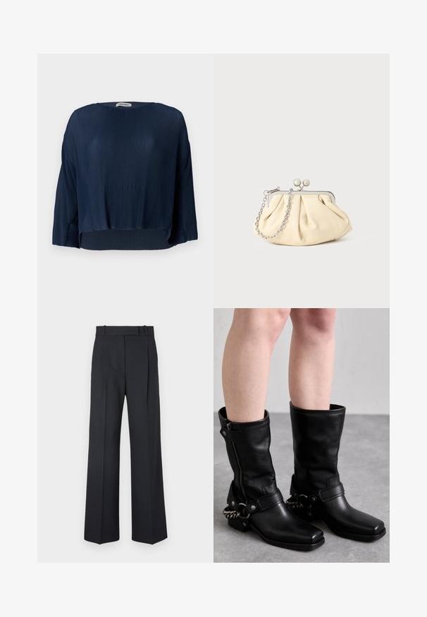 Pardesiu bej din lână, cu rever întărit, închidere cu un singur nasture și două buzunare aplicate în unghi. Textură moale, siluetă dreaptă.; Tricou bleumarin cu textură canal, cu decolteu rotund, mâneci largi și tiv scurt. Materialul are un aspect moale, texturat și o croială lejeră.; Pantaloni în dungi de culoare albastru închis, cu talie înaltă, design cu broek larghi și fără hardware sau embellishments vizibile. Textură netedă și croi adaptat.; Botine negre din piele, cu toc drept, fermoar lateral și curea ajustabilă cu un accent din lanț metalic. Finisaj mat și talpă robustă.; Clutch din piele plisată bej, cu un cadru din metal argintiu, având două închideri decorative rotunde și o curea din lanț argintiu.