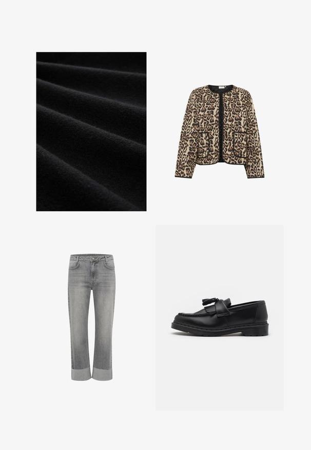Leopardenmuster Steppjacke mit Rundhalsausschnitt, schwarzem Besatz und zwei Vorderaschen; verfügt über eine weiche, strukturierte Oberfläche.; Schwarzer Stoff mit einer weichen, strukturierten Oberfläche, der sanfte Falten und ein mattes Finish aufweist, und dabei seine reiche, dunkle Farbe und Materialqualität hervorhebt.; Weißes Baumwoll-T-Shirt mit lockerer Passform, das einen schwarzen Pinselstrichdruck über der Brust und kurze Ärmel aufweist.; Graue Denim-Jeans mit einem geraden Bein-Design und einem umgeschlagenen Saum. Klassischer Fünf-Taschen-Stil und eine vordere Knopfleiste.; Schwarze Lederloafer mit einer Quastenverzierung, gestickten Details entlang der Kante und einer dicken Gummisohle für Langlebigkeit.