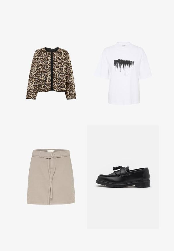 Leopárd mintás steppelt dzseki kerek nyakkivágással, fekete szegéllyel és két elülső zsebbel; puha, texturált felülete van.; Fehér, laza szabású pamut póló, fekete ecsetvonással díszítve a mellrészen, rövid ujjakkal.; Beige farmer mini szoknya övakasztókkal, elülső megkötéssel és díszítő szegecsekkel a jobb oldalon. Simára kidolgozott textúra és formázott fazon.; Fekete bőr lófarok, bojt kiegészítővel, varrott részletekkel a szélein és vastag gumitalppal a tartósság érdekében.