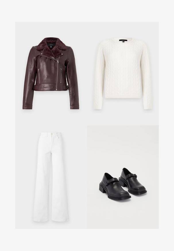 Burgundska usnjena motoristična jakna s krznenim ovratnikom, srebrnimi zadrgami, prilegajočim dizajnom in pasom z detajli.; Bela pulover iz pletenine z dolgimi rokavi, okroglo ovratnico in okrasnim bisernim detajlom pri ovratniku. Mehka tekstura in prilagojen dizajn.; Beli široki kavbojki v belem denim materialu z visokim pasom, ki vsebujejo sprednje žepe, zanke za pas in gumbasto zapiranje. Gladka tekstura, brez vzorcev.; Črne usnjene čevlje z zaobljenim nosom, ravnim podplatom in trakcem z zaponko. Debel blokasti petnik za dodatno stabilnost.