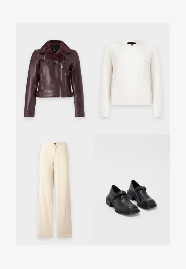 Burgundska usnjena motoristična jakna s krznenim ovratnikom, srebrnimi zadrgami, prilegajočim dizajnom in pasom z detajli.; Bela pulover iz pletenine z dolgimi rokavi, okroglo ovratnico in okrasnim bisernim detajlom pri ovratniku. Mehka tekstura in prilagojen dizajn.; Bež hlače širokega kroja iz lahkega materiala. Imajo sprednji gumb za zapiranje in ravne robove. Gladka tekstura z minimalnimi šivi.; Črne usnjene čevlje z zaobljenim nosom, ravnim podplatom in trakcem z zaponko. Debel blokasti petnik za dodatno stabilnost.