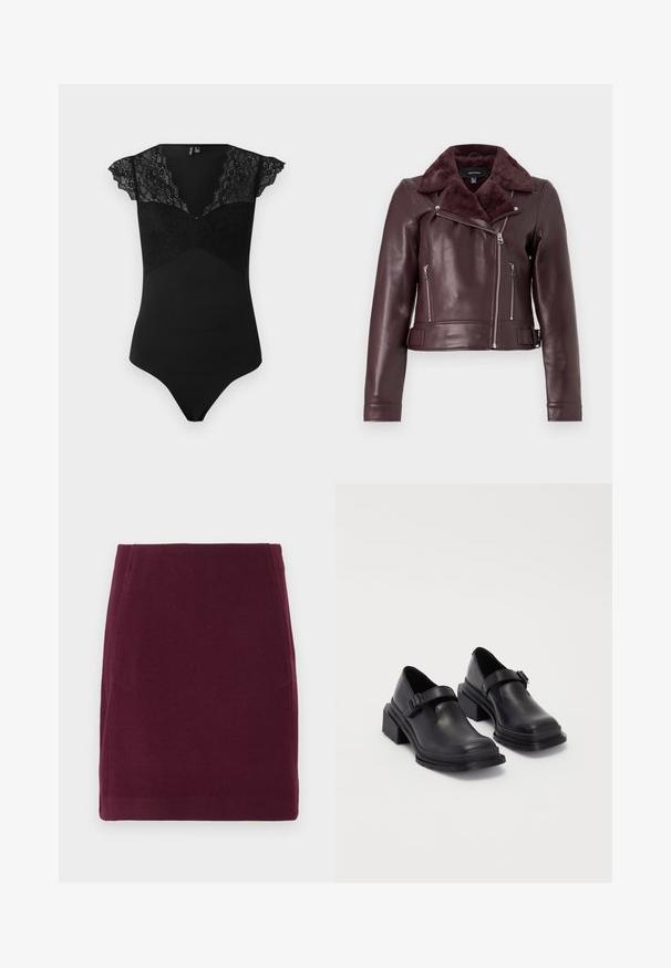 Bordo odinė motociklininko striukė su dirbtinio kailio apykakle, sidabriniais užtrauktukais, prigludusia forma ir dirželiu juosmens detalėmis.; Juodas bodysuit'as su nėrinių rankovėmis ir nėriniuotu paneliu ant krūtinės. Lygus audinys, prigludusio stiliaus, su V formos iškirpte ir tanga tipo nugarine.; Vero Moda VMFORTUNALLISON SHORT - Trapecinis sijonas - winetasting; Juodos odinės bateliai su apvaliu priekiu, plokščiu padu ir dirželiu su sagtimi. Didelis blokinis kulnas, užtikrinantis papildomą stabilumą.