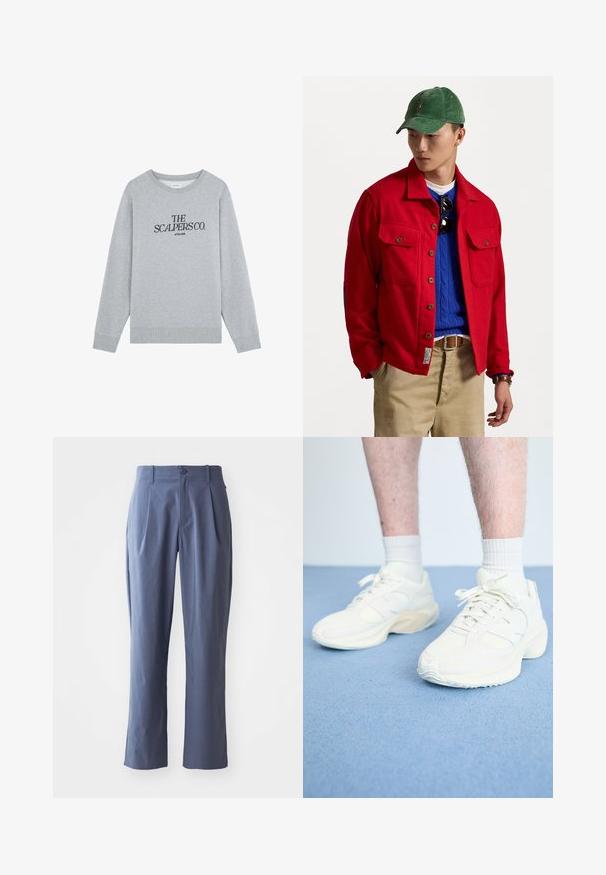 Rote Jacke mit Knöpfen und zwei Brusttaschen, über einen blauen, kabelgestrickten Pullover getragen, kombiniert mit beigen Hosen und einer grünen Cordmütze.; Grauer Baumwollpullover mit Rundhalsausschnitt, langen Ärmeln und gerippten Bündchen. Mit schwarzem Text: "THE SCALPERS CO. ATELIER."; Marineblaue Hose mit Falten, gerader Schnitt, aus leichtem Stoff, mit einem einzigen Frontknopfverschluss und Gürtelschlaufen.; Weiße Sportsneaker mit Mesh- und Wildlederdetails, strukturiertem Sohlen, runder Form und Schnürverschluss, getragen mit weißen Knöchelsocken.