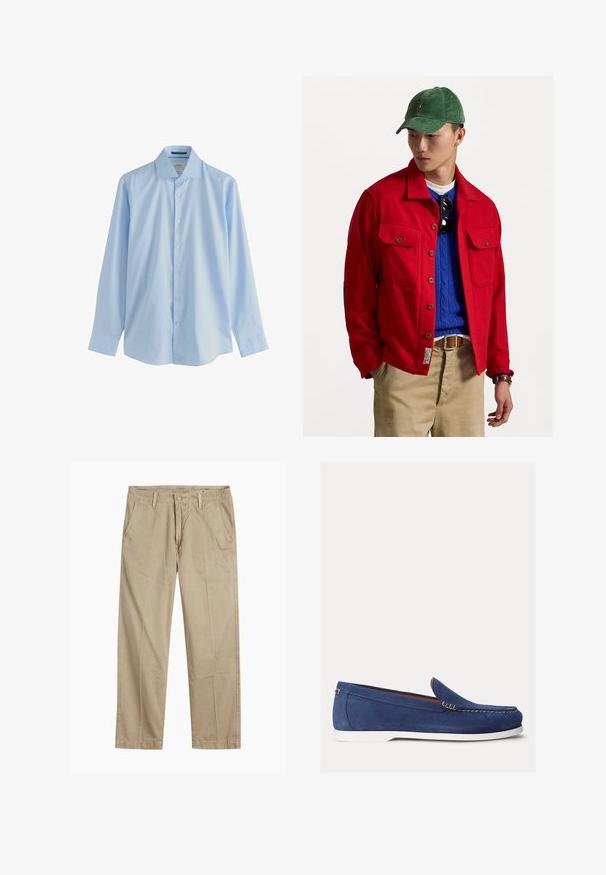 Crvena jakna na dugmad s dva prsna džepa, kombinirana s plavim džemperom od pletene vune, nošena uz smeđe hlače i zelenu corduroy kapu.; Svijetloplavi sako s dugim rukavima i dugmadi od glatkog materijala, s oštrim okovratnikom i sedam dugmadi sprijeda, s opuštenim krojem i manžetama.; Bež chinos hlače ravnog kroja s petljama za remen, prednjim gumbom i zatvaranjem nazip, te kosi prednjim džepovima.; Mornarske suede loaferice s bijelim gumenenim potplatom; imaju šivenu prednju stranu i dizajn za jednostavno obuvanje, ističući glatku teksturu i minimalistički stil.
