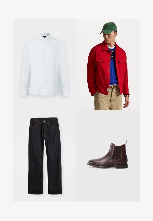 Sarkans jaku ar pogām, ar divām krūšu kabatām, virs zilā adītā džemperis, valkāts ar brūnām biksēm un zaļu kordura cepuri.; Vīriešu pogājama krekla gaiši zila krāsā ar baltām vertikālām svītrām, klasiskā apkakle, garas piedurknes un diskreta logo uz krūtīm.; Vīriešu taisno kāju melnie džinsi ar piecām kabatām un oranžu izšuvumu, ar pogu un zipa aizdari priekšējā jostas daļā.; Brūni ādas Čelsija zābaki ar elastīgām sānu daļām, noapaļota purngala, vilkšanas cilpu un zemu sakrautu papēdi. Gluda tekstūra ar minimāliem šuvju akcentiem.