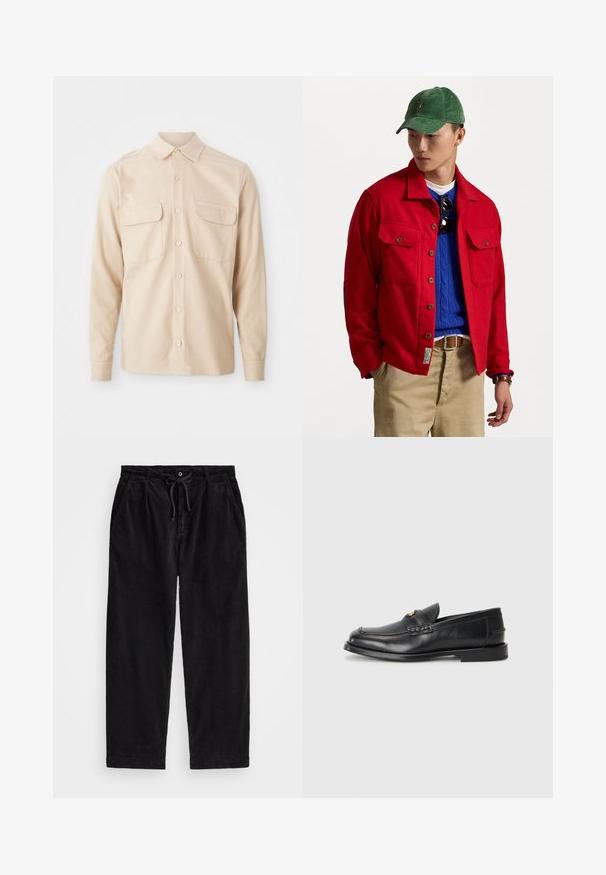 Rode button-up jas met twee borstzakken, gelaagd over een blauwe kabelgebreide trui, gedragen met tan broek en een groene corduroy pet.; Beige langeshirt van geweven stof, met twee borstzakken, een puntkraag en knoopsluiting aan de voorkant. Gladde textuur.; Zwarte corduroy broek met een relaxte pasvorm, voorzien van een elastische tailleband met een koord, en zijzakken. De stof vertoont een ribbelstructuur.; Zwarte leren instappers met een ronde neus, gestikte details en een kleine gouden accent aan de voorkant. De zool is plat en discreet.