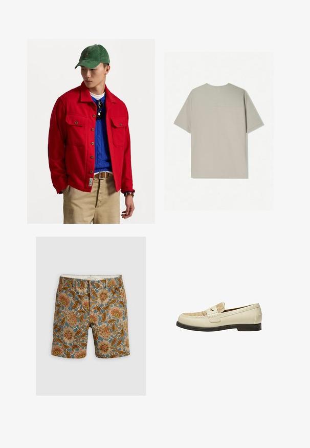 Giacca rossa con bottoni e due tasche sul petto, indossata sopra un maglione blu a trecce, abbinata a pantaloni beige e un berretto in velluto a coste verde.; T-shirt in cotone beige con maniche corte. Presenta un design semplice e un colletto rotondo. Tessuto liscio con cuciture minime sul retro.; Pantaloni corti a fantasia con sfondo blu e motivi floreali in marrone, arancione e crema. Realizzati in cotone con chiusura a bottone.; Mocassini in pelle beige con dettaglio intrecciato sulla punta e suola piatta marrone. Presentano una fascia decorativa sulla parte anteriore.