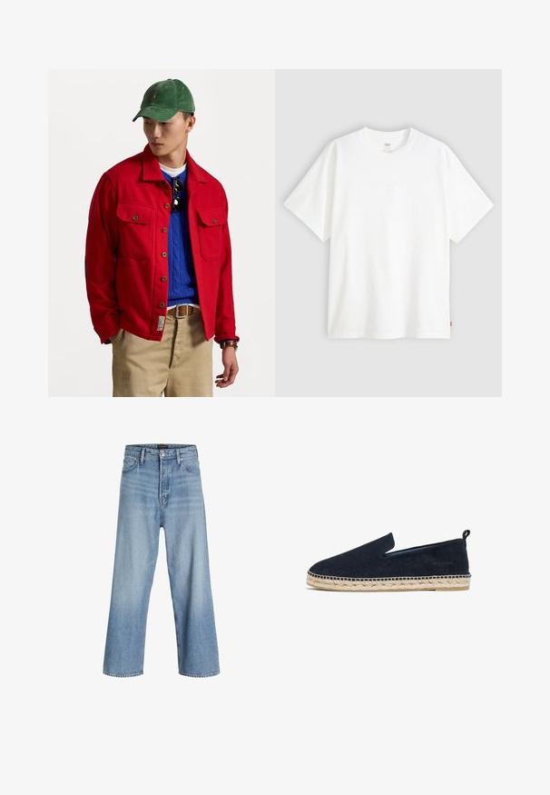 Veste rouge à boutons avec deux poches poitrine, superposée à un pull en tricot tressé bleu, portée avec un pantalon beige et une casquette en velours côtelé vert.; T-shirt blanc à manches courtes en coton avec col rond. Présente un détail de logo en relief discret à l'avant et une étiquette rouge à l'ourlet.; Jean large bleu clair en denim, avec une taille haute, un design classique à cinq poches, et une fermeture à bouton avec zip.; Espadrille en suede bleu marine avec semelle en corde de jute, design sans lacet, bout rond et une languette arrière en boucle pour un enfilage facile.