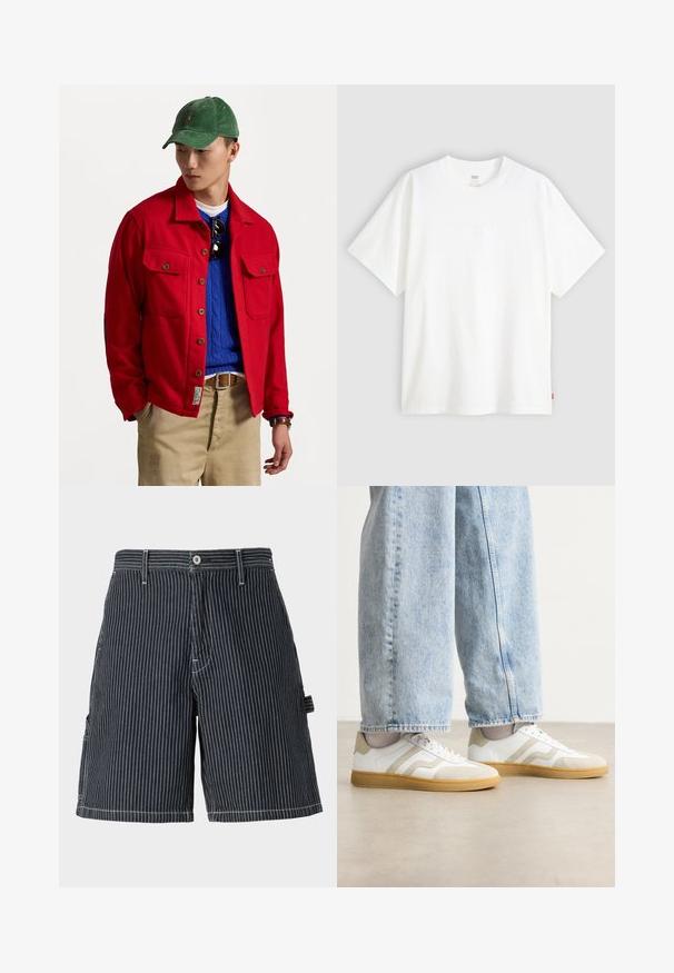 Piros gombos dzseki, két mellzsebbel, egy kék kötött pulóverre rétegezve, bézsszínű nadrággal és zöld kordbársony sapkával viselve.; Fehér, rövid ujjú pamut póló, kerek nyakkivágással. Az elülső részen finom, domború logós részlet található, valamint egy piros cimke az alsó szegélyen.; Tengerészetcsíkos, pamutból készült, kényelmes szabású rövidnadrág, oldalsó zsebekkel, övhurkokkal és kontrasztos fehér varrási részletekkel.; Fehér sportcipő bézs velúr részletekkel és világos gumitalppal; alacsony szárú kialakítással és texturált részletekkel az üstön.