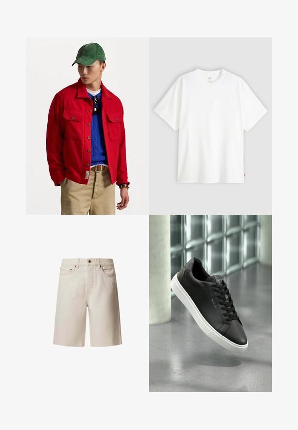 Chaqueta roja de botones con dos bolsillos en el pecho, sobre un suéter azul de punto trenzado, combinada con pantalones beige y una boina verde de pana.; Camiseta blanca de manga corta hecha de algodón con cuello redondo. Presenta un sutil detalle de logo en relieve en la parte delantera y una etiqueta roja en el dobladillo.; Shorts de mezclilla beige con corte recto, cinco bolsillos, botón superior y trabillas para cinturón. Textura suave con sutiles detalles de costura.; Zapatilla de piel negra con suela de goma blanca, punta redonda y cordones. Presenta una textura suave y un sutil logotipo en la lengüeta.