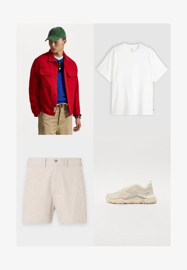 Rode button-up jas met twee borstzakken, gelaagd over een blauwe kabelgebreide trui, gedragen met tan broek en een groene corduroy pet.; Witte pique t-shirt met korte mouwen van katoen en een ronde hals. Heeft een subtiele reliëf logo-detail aan de voorkant en een rood label aan de zoom.; Linnen shorts in lichtbeige, met een knoopsluiting en een klassieke snit met een subtiele textuur. Geen zichtbare zakken in het ontwerp.; Beige stoffen sneaker met mesh accenten, textuur overlays en een chunky zool. Voorzien van een achterste trekband en lichtgrijze details.