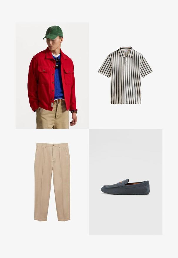 Röd knäppjacka med två bröstfickor, lager-på-lager över en blå kabelstickad tröja, bärs med tan-färgade byxor och en grön manchesterkeps.; Kortärmad pikétröja i gräddfärg med vertikala marinblå ränder. Har en kragkrage och en knappframsida. Slät textur.; Beige chinos tillverkade av bomull med rak ben-design. Har framfickor, knappstängning och en jämn yta.; Grå perforerade loafers med slip-on-design, med en orange accent, rund tå och texturerad gummiyttersula.