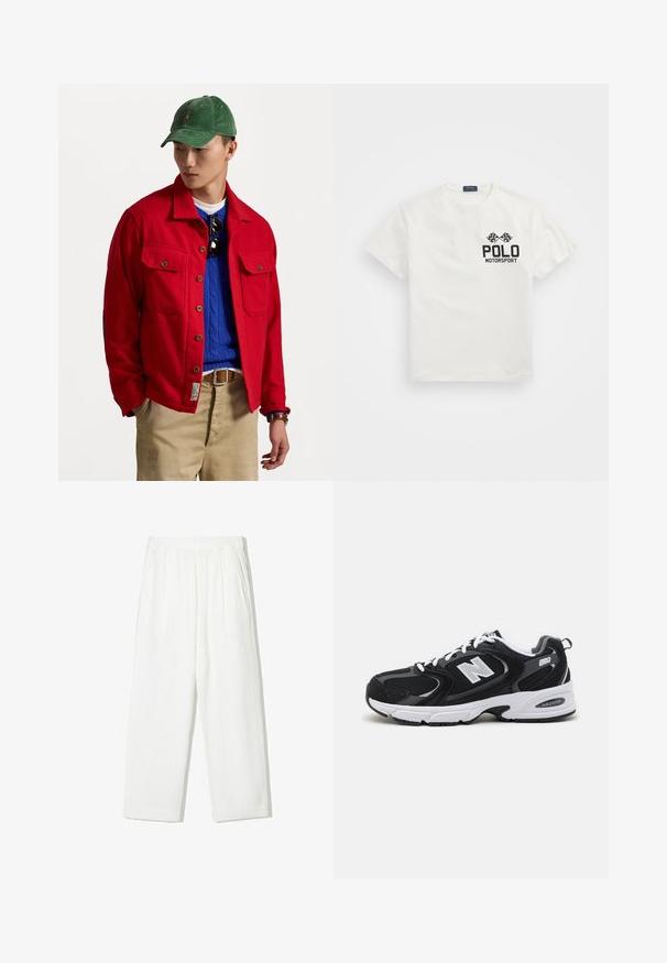 Červená bunda na knoflíky s dvěma kapsami na prsou, oblečená přes modrý svetr s pleteným vzorem, kombinovaná s hnědými kalhotami a zelenou kordovou čepicí.; Bílý bavlněný tričko s kulatým výstřihem, s černým logem "Polo Motorsport" a zkříženými šachovnicovými vlajkami na levé hrudi.; Bílé kalhoty s širokými nohavicemi vyrobené z texturované tkaniny. Mají elastický pas a dvě boční kapsy. Uvolněný, volný střih.; Černé a šedé sportovní boty s síťovinovou a semišovou svrškem, se bílou mezipodešví, šňůrkami a výrazným logem "N" na boku.