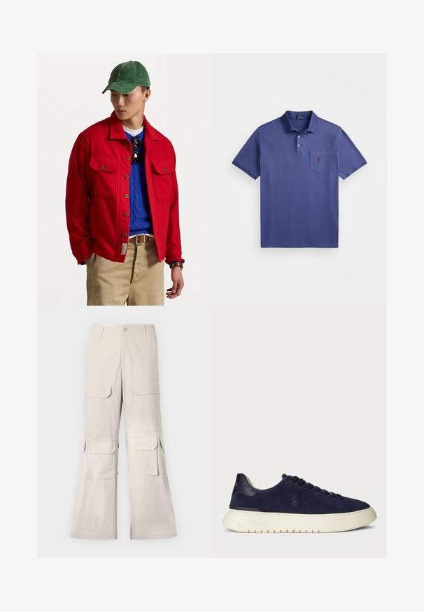 Κόκκινο σακάκι με κουμπιά, με δύο τσέπες στο στήθος, στρωμένο πάνω από μπλε πουλόβερ με κασμά, φορεμένο με καφέ παντελόνι και πράσινο καπέλο από κορντούρα.; Μωβ polo μπλούζα κατασκευασμένη από βαμβάκι, με τρεις κουμπί και κοντά μανίκια, καθώς και τσέπη στο στήθος με κόκκινη ραφή λογότυπου.; Μπεζ cargo παντελόνι με άνετη εφαρμογή, που διαθέτει πολλές πλαϊνές τσέπες με καπάκι και κλείσιμο με κουμπί. Φτιαγμένο από ελαφρύ υλικό.; Ναυτικό σουέτ χαμηλό αθλητικό παπούτσι με υφή, καουτσούκ σόλα και τονικές κορδόνες, που διαθέτει ένα μικρό λογότυπο στο πλάι και στην φτέρνα.