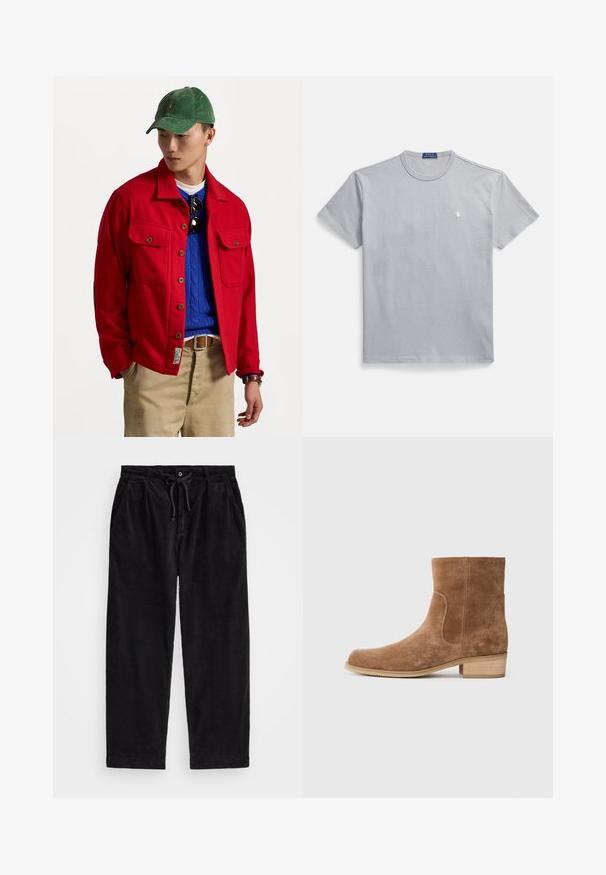 Red button-up jacket with two chest pockets, layered over a blue cable-knit sweater, worn with tan pants and a green corduroy cap.; Gray cotton T-shirt with a crew neck, short sleeves, and a small white logo on the left chest. Smooth texture and relaxed fit.; Black corduroy pants with a relaxed fit, featuring an elastic waistband with a drawstring, and side pockets. Fabric shows ribbed texture.; Brown suede ankle boots with a slightly rounded toe, low stacked wooden heel, elastic side panels, and smooth stitching along the seams.
