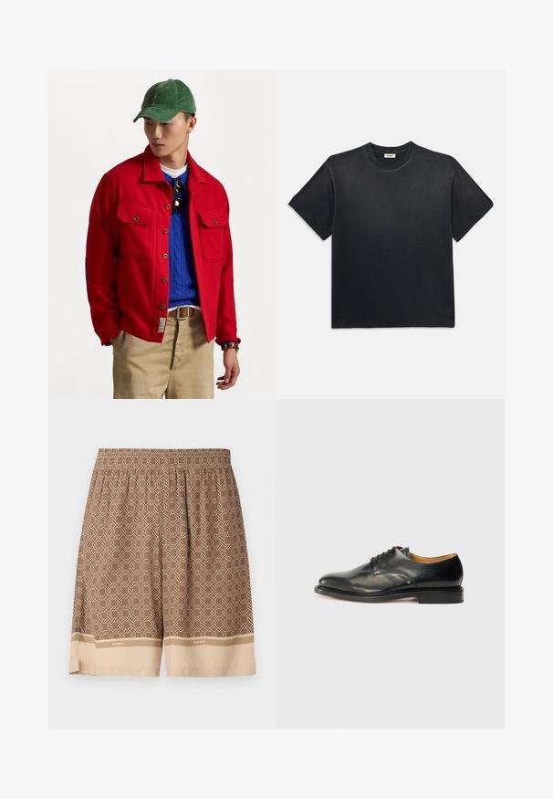 Giacca rossa con bottoni e due tasche sul petto, indossata sopra un maglione blu a trecce, abbinata a pantaloni beige e un berretto in velluto a coste verde.; T-shirt in cotone nero con scollatura rotonda e maniche corte. Presenta una vestibilità comoda, una texture liscia e un design minimalista.; Pantaloni corti marroni con una cintura elastica, caratterizzati da un design geometrico e un bordo beige nella parte inferiore. Nome del marchio "SANDRO" visibile.; Scarpa da uomo in pelle nera con finitura liscia, punta rotonda e lacci minimi. Presenta un design sobrio e una suola in gomma bassa e robusta.