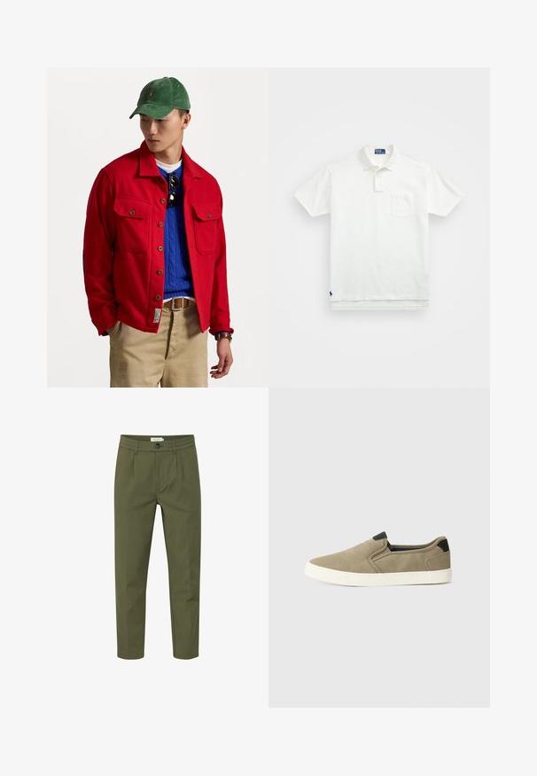 Rode button-up jas met twee borstzakken, gelaagd over een blauwe kabelgebreide trui, gedragen met tan broek en een groene corduroy pet.; Witte poloshirt van katoen, met een klassieke kraag, een knoopsluiting met drie knopen en een borstzak aan de linkerkant; klein logo aan de onderrand.; Olivengroene broek van gladde stof, met een knoopsluiting, geplooide voorkant en taps toelopende broekspijpen. Geen zichtbare zakken.; Taupe instap schoenen met een textiele bovenkant, contrasterende zwarte hakaccent en witte rubberen zool. Perforatieontwerp voor ademend vermogen.