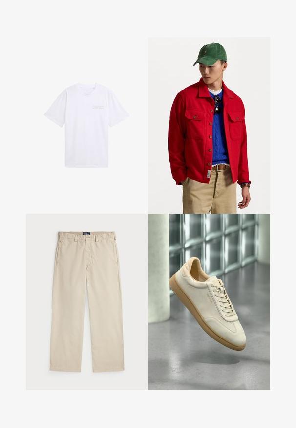 Rote Jacke mit Knöpfen und zwei Brusttaschen, über einen blauen, kabelgestrickten Pullover getragen, kombiniert mit beigen Hosen und einer grünen Cordmütze.; Weißes Baumwoll-T-Shirt mit kurzen Ärmeln, einem Rundhalsausschnitt und einem kleinen, mehrfarbigen grafischen Textdetail auf der linken Brustseite.; Beige Baumwollchinos mit geradem Bein, ausgestattet mit einem Knopfverschluss und zwei vorderen Taschen. Glatte Textur und einfarbig.; Beiger Wildleder-Sneaker mit strukturierter Gummilaufsohle in Kaugummioptik. Ausgestattet mit flachen Schnürsenkeln, einer abgerundeten Zehenpartie und dezentem Branding an der Seite. Leicht gepolsterter Schaftrand.
