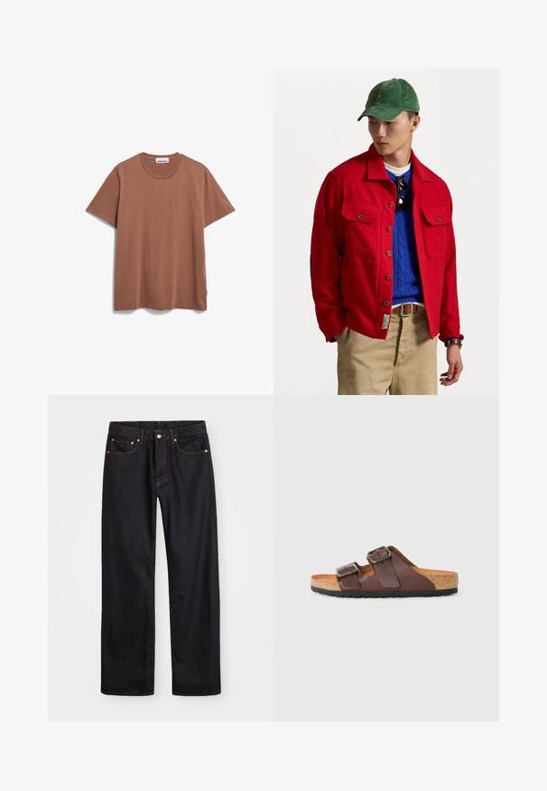 Giacca rossa con bottoni e due tasche sul petto, indossata sopra un maglione blu a trecce, abbinata a pantaloni beige e un berretto in velluto a coste verde.; ARMEDANGELS JAAMES - T-shirt basic - nutshell; Jeans neri in denim dritto da uomo con cinque tasche e cuciture arancioni, chiusura con bottone e zip sulla vita anteriore.; Sandalo in pelle marrone con due cinturini regolabili con fibbie, suola in sughero, morbido sottopiede color beige e suola in gomma nera, mostrato in profilo laterale.