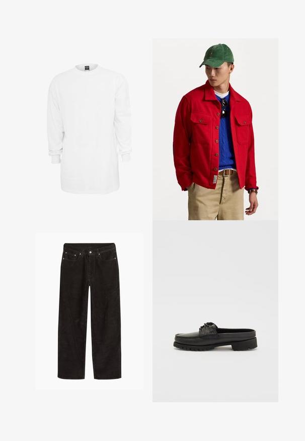 Red button-up jacket with two chest pockets, layered over a blue cable-knit sweater, worn with tan pants and a green corduroy cap.; Long-sleeve white cotton t-shirt with a round neckline, loose fit, and ribbed cuffs. Plain design, no graphics or patterns.; Black corduroy pants with straight legs, button and zip closure, and five-pocket design.; Black leather slip-on shoe with lace detail, rounded toe, and textured sole. Features a slightly elevated heel and smooth finish.