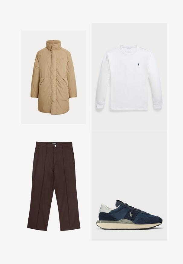 Casaco acolchoado bege com gola alta, mangas compridas e dois bolsos frontais. Feito de tecido liso e acolchoado para proporcionar calor. Detalhe sutil do logotipo no peito.; Camisola de manga longa branca feita de algodão, com decote redondo e um pequeno logótipo azul-marinho no lado esquerdo do peito. Textura suave, design simples.; Calças retas castanhas com vincos frontais, bolsos laterais, passantes para cinto e fecho de botão com marca na cintura.; Sapatilhas em camurça e malha azul-marinho com um calcanhar branco e cinza, atacadores planos e uma sola texturizada. Apresenta um logótipo de lado.