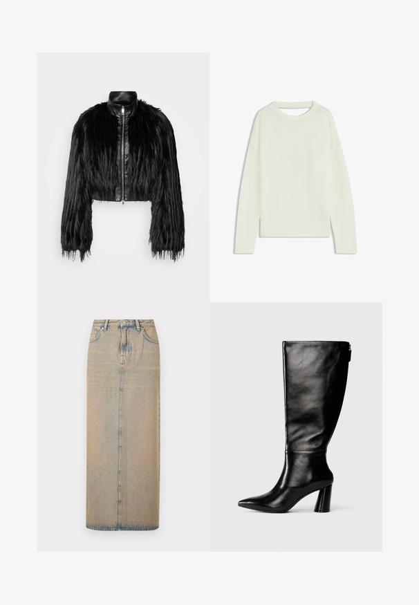 Mustan lyhyen takin yhdistelmä, jossa on pitkät tekoturkishihat, musta nahkakaulus ja etuvetoketju. Takissa on teksturoitu, karhea pinta.; Vaalean kermanvärinen neule, jossa on pyöreä pääntie, pitkät hihat, ribbireunus ja pehmeä texture. Ei kuvioita tai näkyviä kiinnitysdetaileja.; Vaaleansininen, pitkä farkkuhame suoralinjaisella leikkauksella. Varustettu viidellä taskulla, vyölenkeillä ja etupainikkeella. Haalistunut pinta koko hameessa.; Mustat nahkasaappaat, joissa on terävä kärki, sileä pinta ja paksu korko. Takana on vetoketjuyksityiskohta.