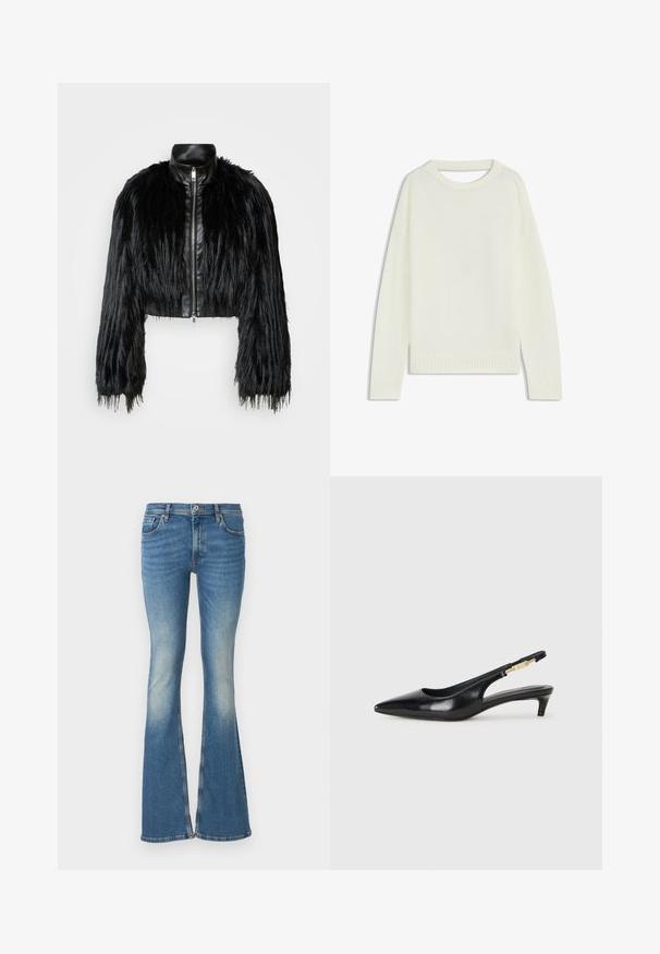 Zwart kort jasje met lange faux fur mouwen en een zwarte leren kraag en ritssluiting aan de voorkant, met een gestructureerde, harige afwerking.; Lichtcreme trui met een ronde hals, lange mouwen, geribbelde zoom en een zachte textuur. Geen patronen of zichtbare hardwaredetails.; Blauwe uitlopende jeans met een vervaagde wassing, met een middelhoge taille, vijf zakken en gestikte details langs de randen.; Zwarte leren slingback hakken met een spitse neus, voorzien van een slanke hak en een goudkleurige accent op de verstelbare band. Gladde textuur.